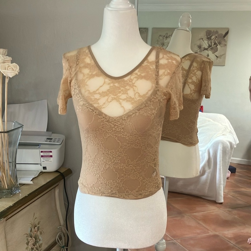 Tan Lace Short Sleeve Top